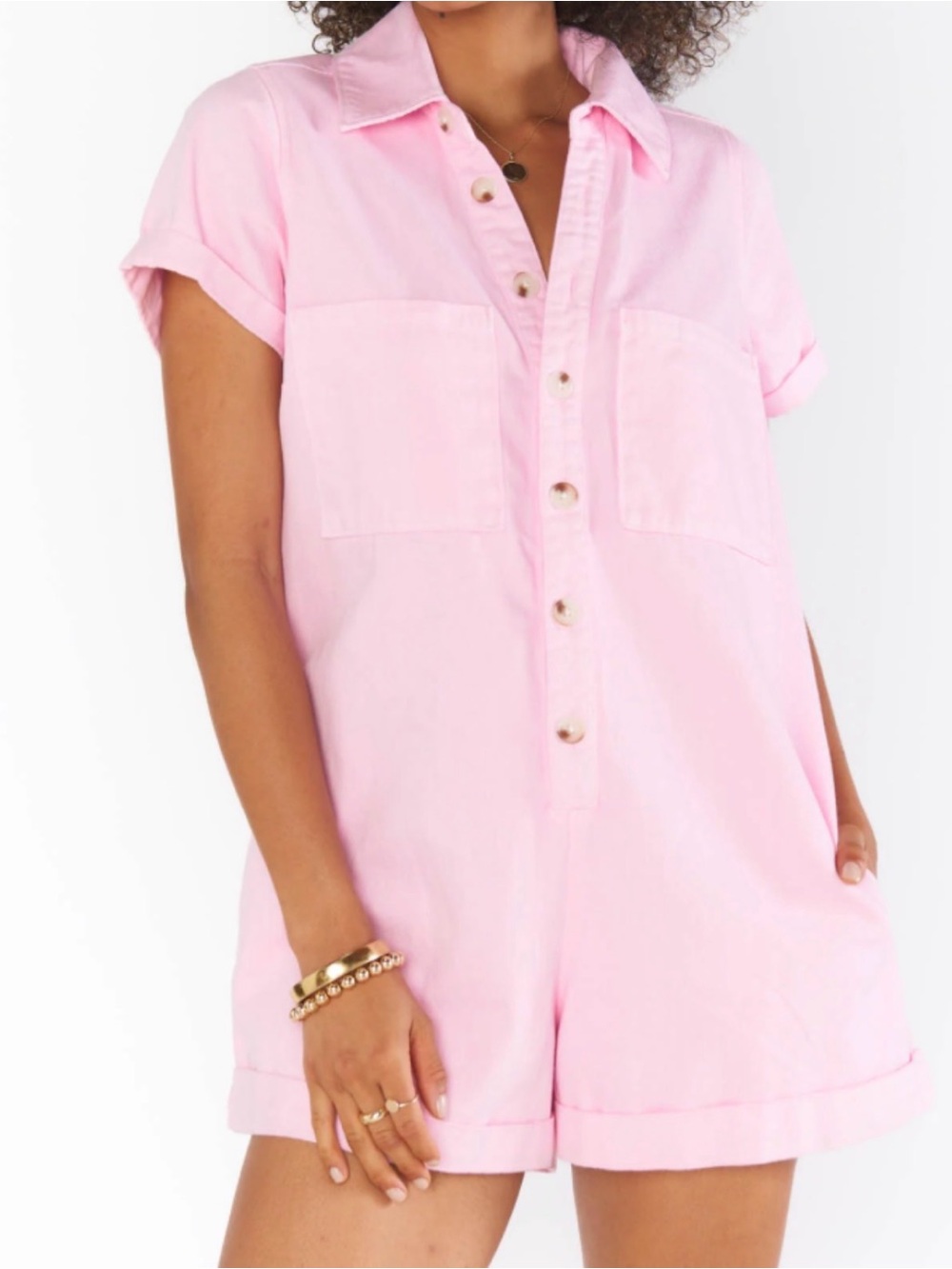 Women's Pink Short Sleeve Romper - Casual Button Front. Show me your mumu.